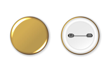 Gold badge mockup. Round badge button brooch. Realistic golden blank glossy round button badge pin with plastic back cover. Vector illustration.