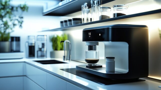 A futuristic kitchen featuring a smart coffee maker that brews personalized cups based on user preferences and schedules."
