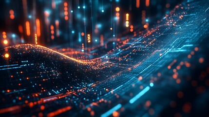 Abstract digital landscape with glowing blue and orange lights