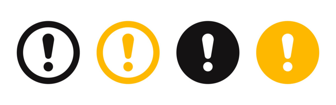 Caution alarm icons set. Danger, attention, yellow and black fatal error message element, exclamation mark of warning attention. Vector illustration.
