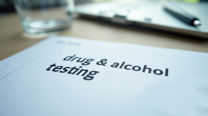 Drug and alcohol testing form on office desk with pen close up