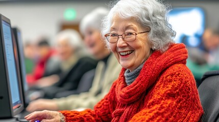 A group of seniors attending a computer class, laughing together while learning to navigate the online world in a fun and supportive environment."