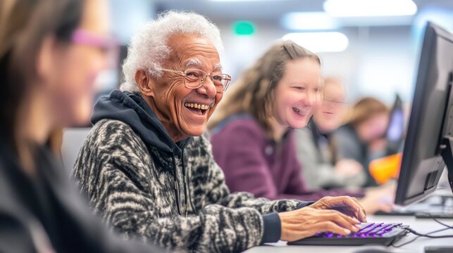 A group of seniors attending a computer class, laughing together while learning to navigate the online world in a fun and supportive environment."