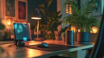 A home office featuring voice-controlled lighting, where the user adjusts brightness and color with a simple command, creating the perfect work environment."