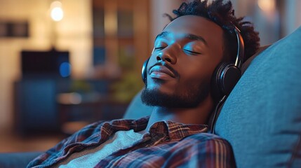 Obraz premium A man is listening to relaxing music on noise-canceling headphones, sitting comfortably in his living room.