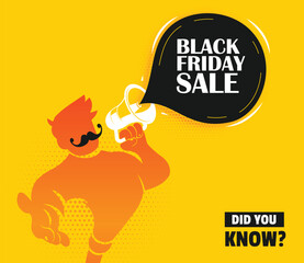 Bright and bold Black Friday sale design, featuring a modern, illustrated character with a mustache holding a megaphone. Ideal for promoting discounts, retail events, and sales marketing campaigns