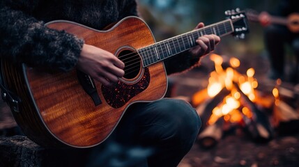 Obraz premium A musician strumming a guitar by a campfire, surrounded by friends, sharing the happiness of music and creative expression in the moment.