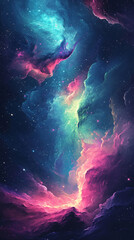 Aurora borealis. Northern lights in winter forest. Sky with polar lights and stars. Night winter landscape with aurora and pine tree forest. Travel concept
