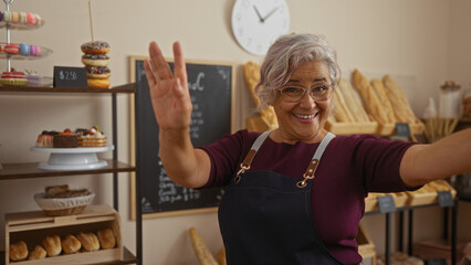 Hispanic woman dancing joyfully in a bakery shop, surrounded by bread and pastries, wearing glasses and an apron, exuding happiness and energy.