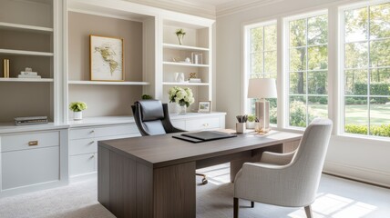 Chic and modern home office featuring a sleek desk and stylish decor for a productive workspace.