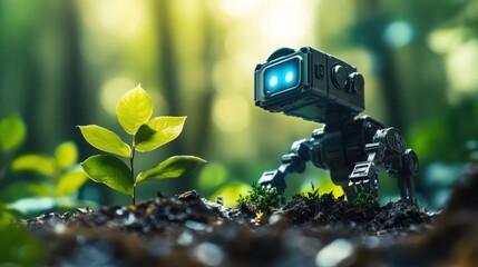 A robot planting trees in a dense forest, symbolizing the integration of technology with nature for sustainable reforestation."