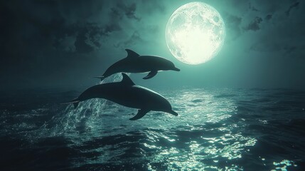 Fototapeta premium Two Dolphins Jumping in the Moonlight