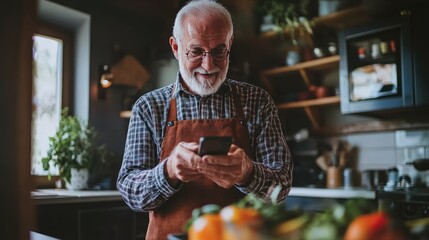 A senior man using voice commands to search for a recipe on his smartphone while cooking, embracing technology in the kitchen."