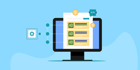 Search engine ad placement driven by AI technology, bid amount and optimized advertising content algorithm for pay per click campaign, vector illustration.