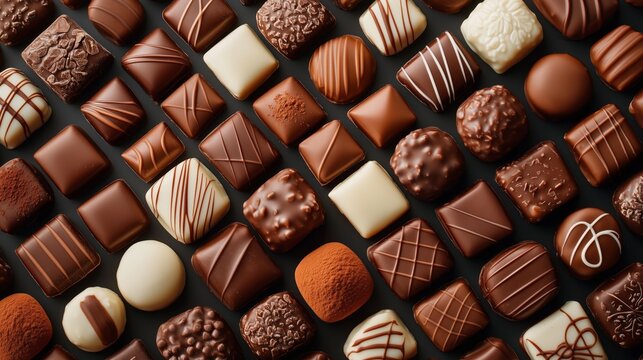 Overhead shot of diverse range of artisanal chocolates arranged in a geometric pattern, varying textures and colors, fine details of cacao powder and decorative designs.