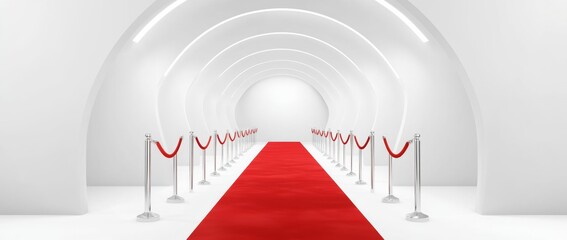Red carpet and silver ropes on white background