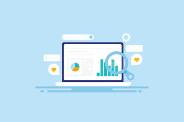 Business intelligence and big data analytics display real time metrics, growth KPI and financial statistics on computer screen, information technology vector illustration.