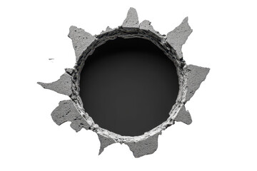 Bullet hole in black concrete wall showcasing damage and industrial aesthetics