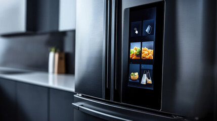 A sleek smart refrigerator with a touchscreen displaying recipes, weather updates, and energy-saving tips, optimizing storage for fresh food."