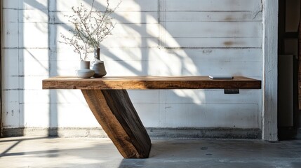 A sleek, tech-enhanced desk made from reclaimed wood, blending modern functionality with organic aesthetics in a minimalist workspace."