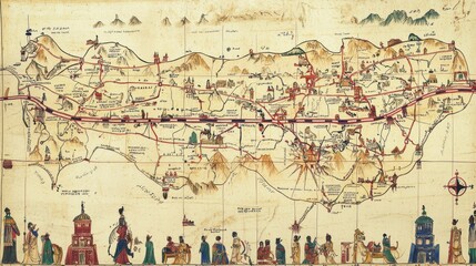 Explore the joyful journey of trade along the silk road through a vintage map illustration