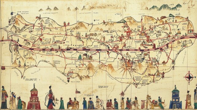 Explore the joyful journey of trade along the silk road through a vintage map illustration