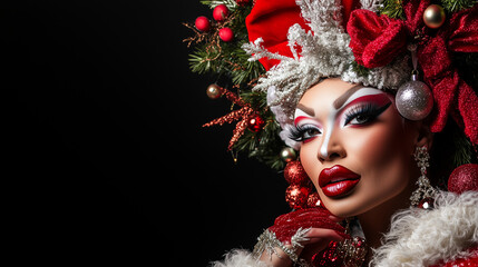 Professional style photo of super glamorous drag queen with a Christmas or festive season inspired theme, LGBTQ+, queer Christmas. Wide landscape 16:9 with copy space, copy blank