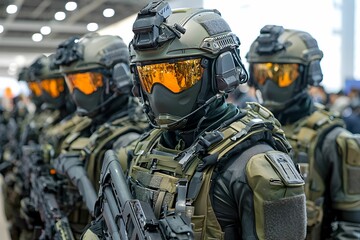 Obraz premium A lineup of armed soldiers in tactical gear, featuring helmets and visors, stationed indoors, showcasing modern military equipment.