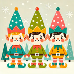 Fototapeta premium A cute and minimalistic illustration of three smiling elves in a flat, geometric style