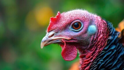 Close-up of turkey with vibrant plumage and detailed head features