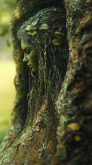 Forest dryad emerging seamlessly from tree bark