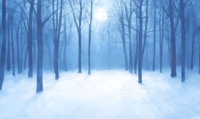 Obraz premium Moonlit winter forest scene watercolor illustration, Generative AI 