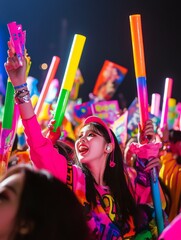 "Passionate K-Pop Fans Cheering with Colorful Banners and Light Sticks at a Live Concert"