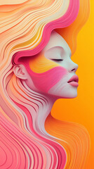 Abstract colorful portrait of a serene face with flowing layered textures, blending vibrant hues of pink, orange, and teal in a surreal style.