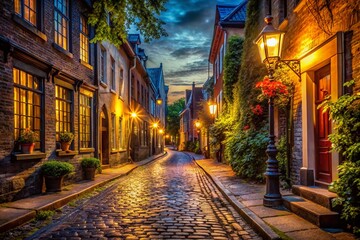 Fototapeta premium Nighttime Charm of Old Streets: A Seamless Loop Video Background of a Cityscape with Vintage Architecture, Soft Street Lights, and Quiet Atmosphere for Visual Relaxation and Urban Aesthetics