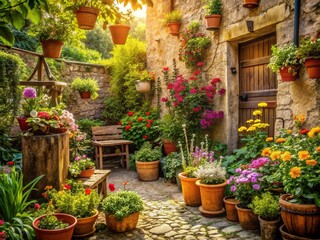 Nostalgic Courtyard Gardening: A Serene Villagecore Retreat with Flourishing Plants and Gentle Sunlight, Invoking Memories of Simpler Times in a Lush Green Oasis