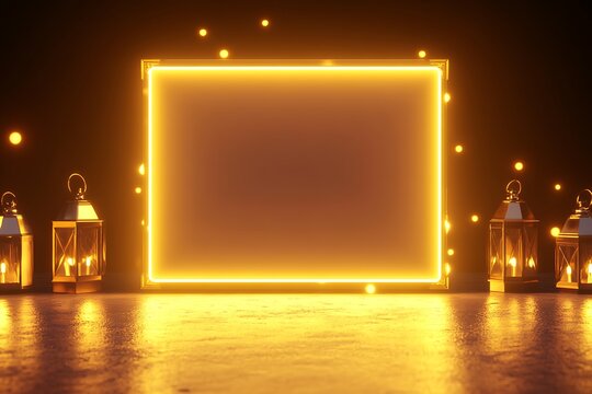 Glowing neon banner on concrete wall background with reflections. Style and design concept. Mock up, 3D Rendering