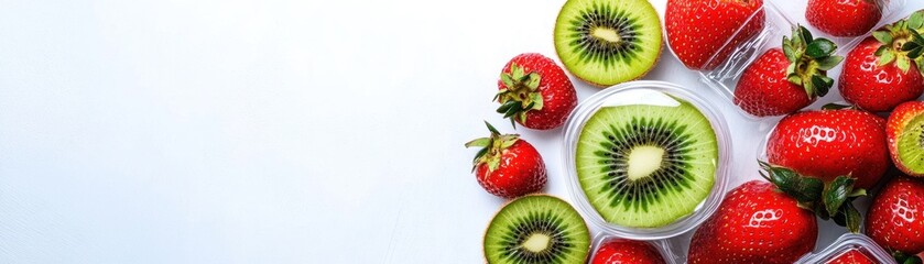 Fresh strawberries and kiwi arranged on a light background for a vibrant food display.