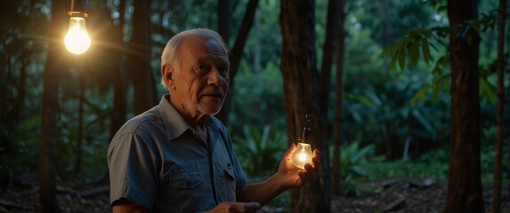 Elderly Man in a Forest: A poignant image of an elderly man standing alone in a dark, lush forest, illuminated by a single light bulb.