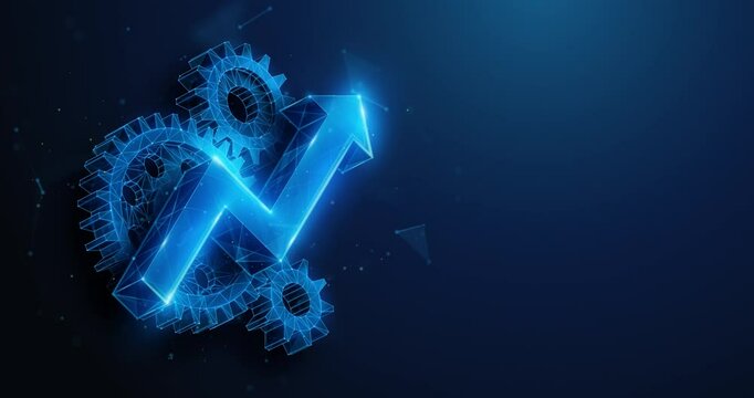 Abstract animation of low poly arrow up over gears spinning together. Operational excellence, optimize technology, innovation, production growth concept by wireframe mesh. 4K looped motion graphic