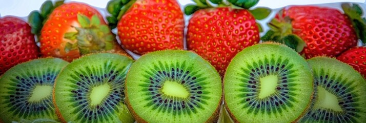 A vibrant display of strawberries and sliced kiwis arranged attractively.