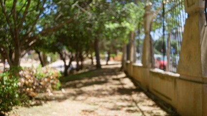 Blurred view of a sunny outdoor path lined with trees and a stone fence creating a defocused, bokeh effect