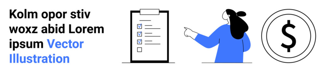 Business checklist on clipboard, woman pointing, and dollar icon. Ideal for business planning, financial consulting, presentations, infographics, marketing, strategy development, educational content