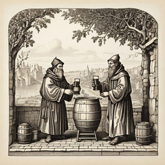 a drawing of two men cooking in a park Medieval Monks Brewing Beer A Simple Linear Engraving