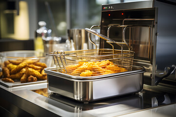 Deep fryer in a kitchen with fried food