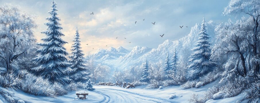 Birds flying over snowy mountain valley path at sunset