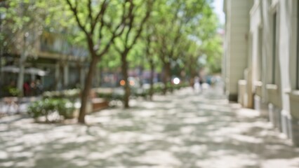 Blurry outdoor street scene with blurred trees and defocused background in park with natural...