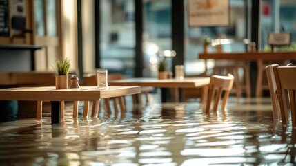 Flooded restaurant with tables and chairs submerged in water