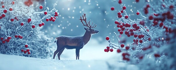 Noble deer standing in snowy forest with red berries during snowfall
