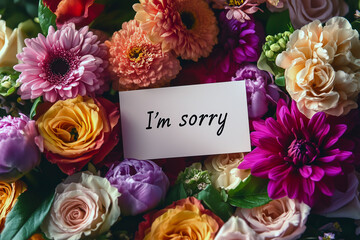 Apologize card, I'm sorry hand lettering card, bright multi-colored bouquet of flowers with white card with the inscription text i am sorry, the concept of apologies